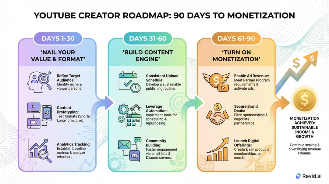 Roadmap of a 90-day plan moving from testing video formats to building a content engine to turning on monetization