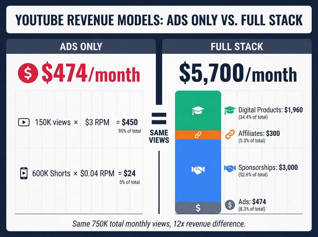 Comparison of $474 a month from ads alone versus $5,700 a month with sponsors, affiliates and a digital product on the same views