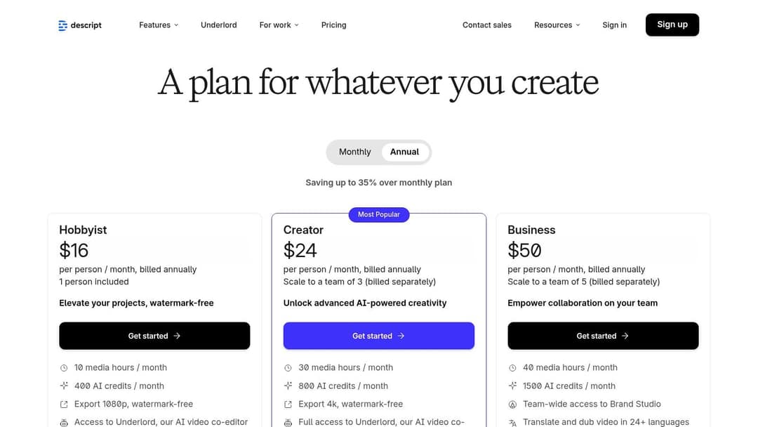 Descript pricing page with Hobbyist, Creator and Business plans billed annually