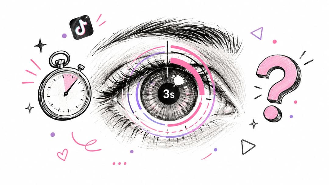 An illustration of a human eye with a countdown timer and a TikTok icon, representing viral content.