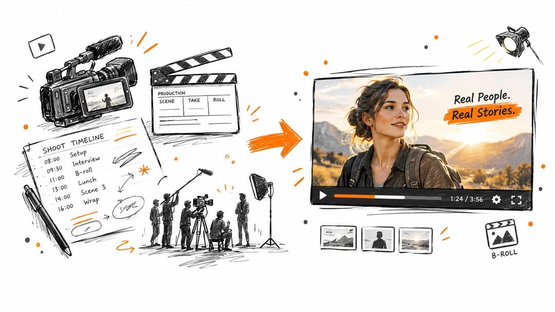 A hand-drawn illustration depicting the film production process, from planning with a timeline to final video editing.