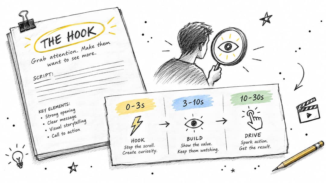 A hand-drawn guide illustrating the three stages of making a video reel: hook, build, and drive.