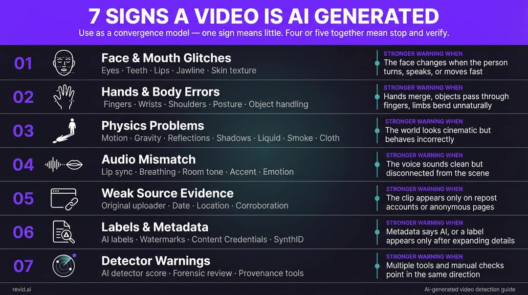 Reference card infographic listing all 7 signs of AI-generated video with check areas and escalation warnings for each sign