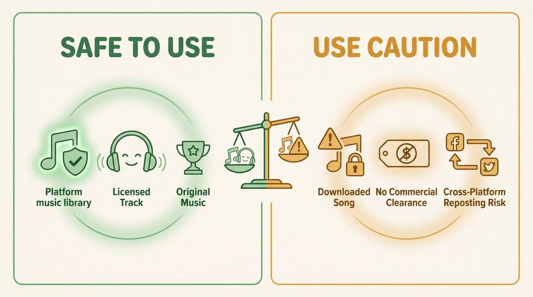 Editorial illustration showing safe vs. risky music choices for video creators, with green checkmarks and amber warning icons