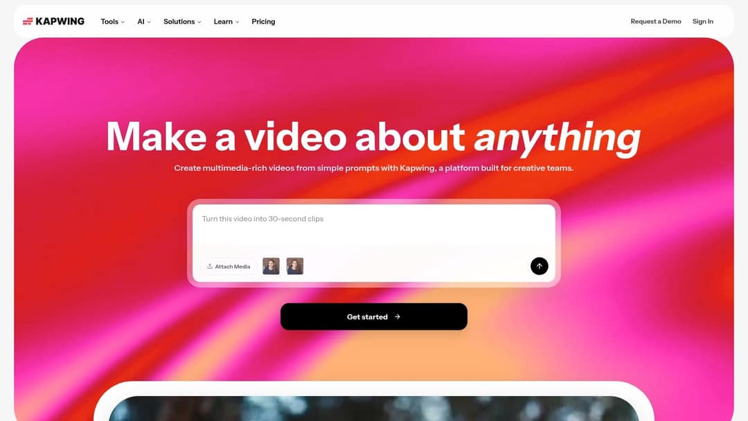 Kapwing homepage with the headline Make a video about anything and a prompt box