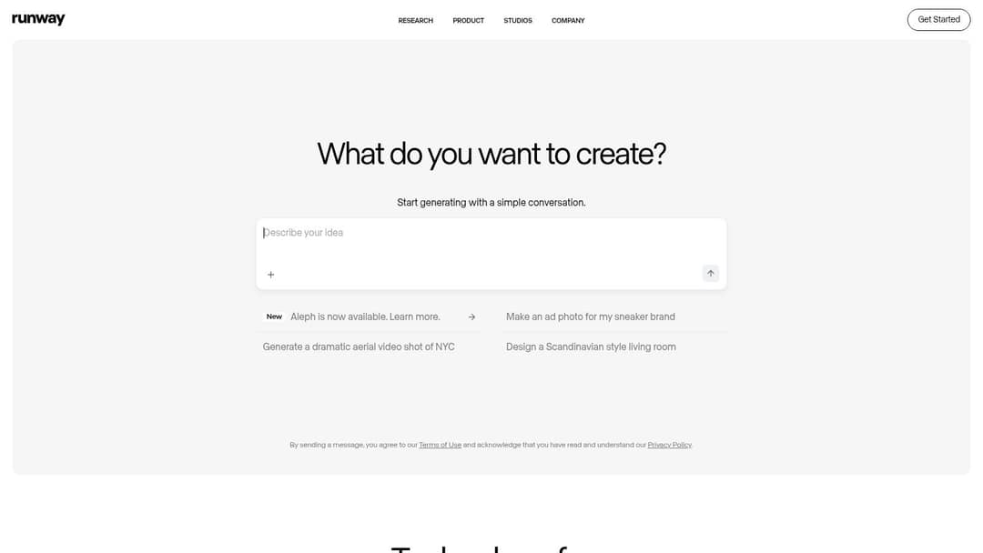 Runway homepage with a chat box asking what you want to create