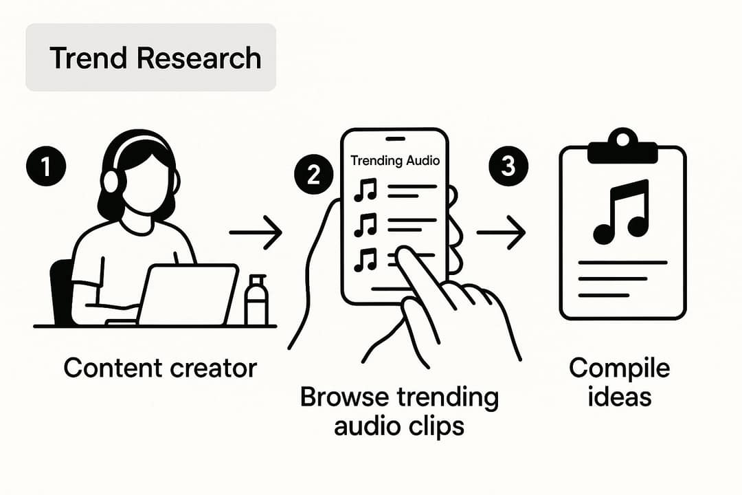 Three-step trend research flow: a creator at a laptop, browsing trending audio on a phone, then compiling ideas