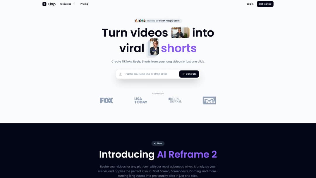 Klap homepage with a field to paste a YouTube link or drop a file and generate shorts