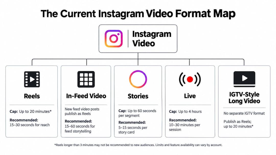 Diagram of Instagram video formats: Reels, in-feed video, Stories, Live and long video, with caps and recommended lengths