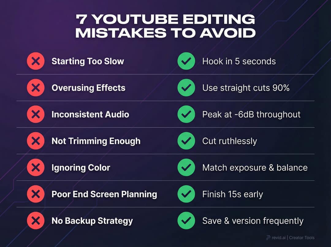 Seven editing mistakes with fixes: hook in 5 seconds, straight cuts, peak at -6 dB, cut hard, match color, finish 15s early, back up