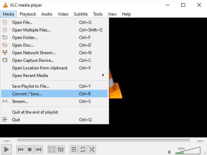 VLC Media menu open with the Convert / Save option highlighted
