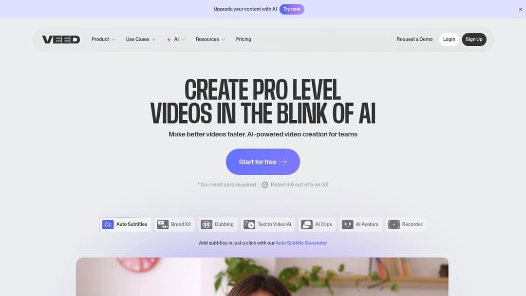 VEED homepage listing auto subtitles, brand kit, dubbing and AI avatars