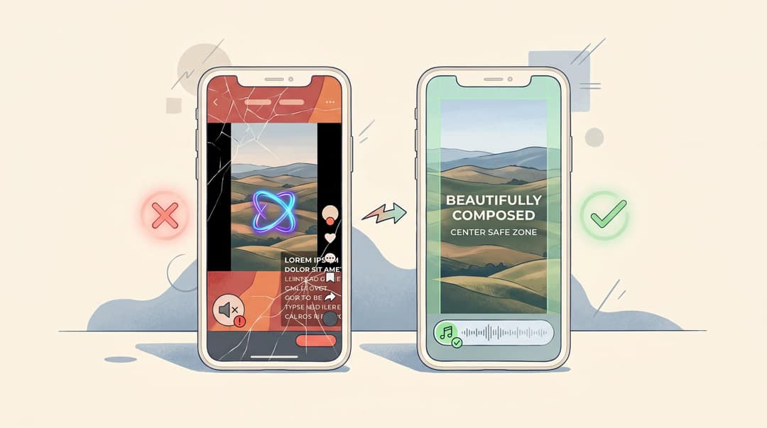 Editorial illustration contrasting an amateur photo video with common mistakes against a polished professional version on two smartphones