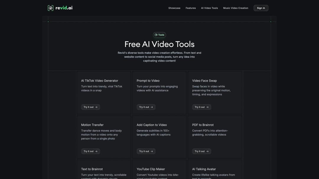 Revid.ai free tools grid showing AI TikTok Video Generator, Prompt to Video, Add Caption to Video, and Talking Avatar
