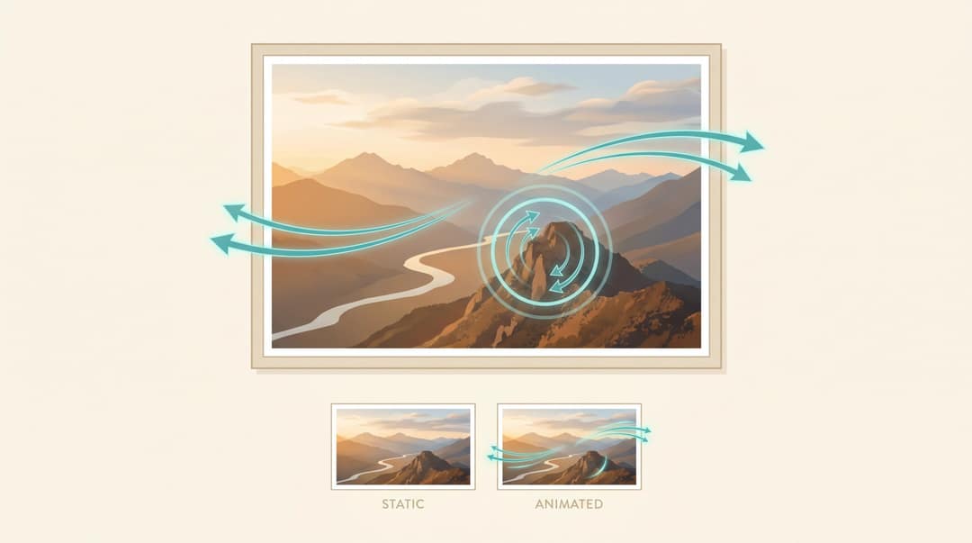 Editorial illustration showing the Ken Burns effect: a still landscape photo with motion arrows indicating a slow cinematic pan and zoom animation