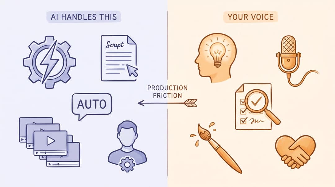 Split editorial illustration showing AI handling scripts and captions on the left while a creator retains strategy, voice, and editorial judgment on the right