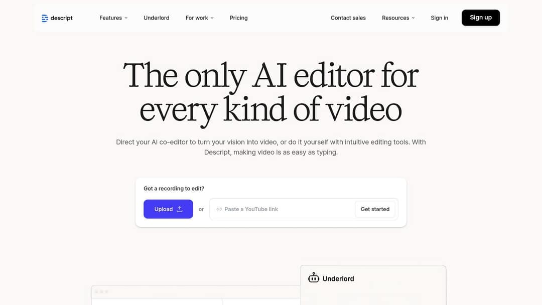 Descript homepage with an upload button and a field to paste a YouTube link