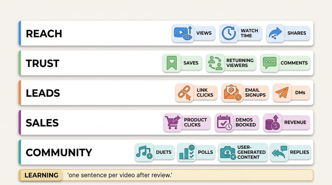 Goal-based video metrics framework showing which metrics to track for reach, trust, leads, sales, and community goals