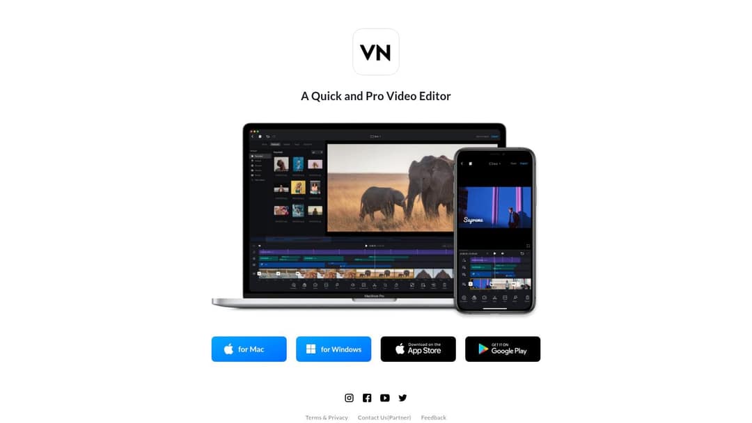 VN Video Editor site showing the editor on a MacBook and an iPhone with download buttons