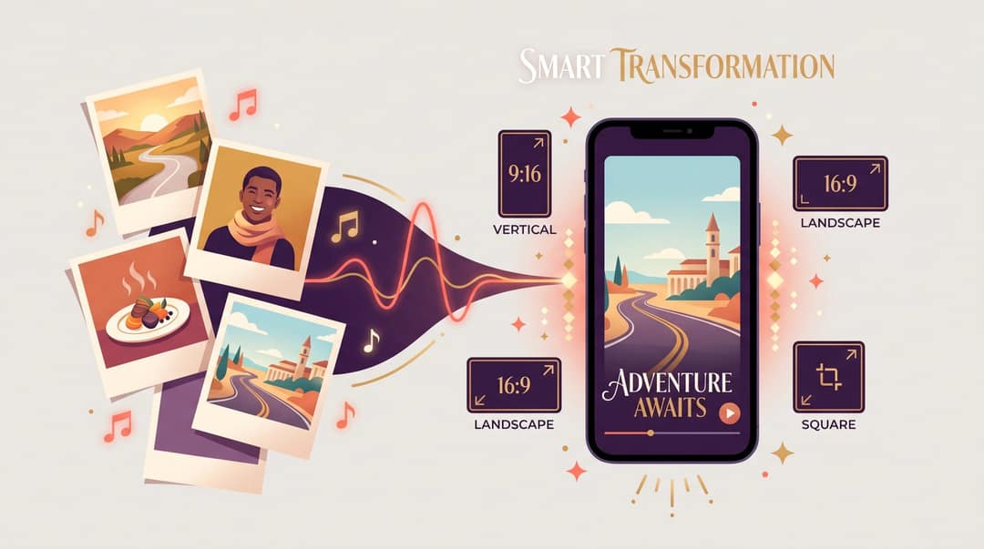 Editorial illustration of the photo-to-video workflow: scattered photos and music transform into a polished vertical phone video
