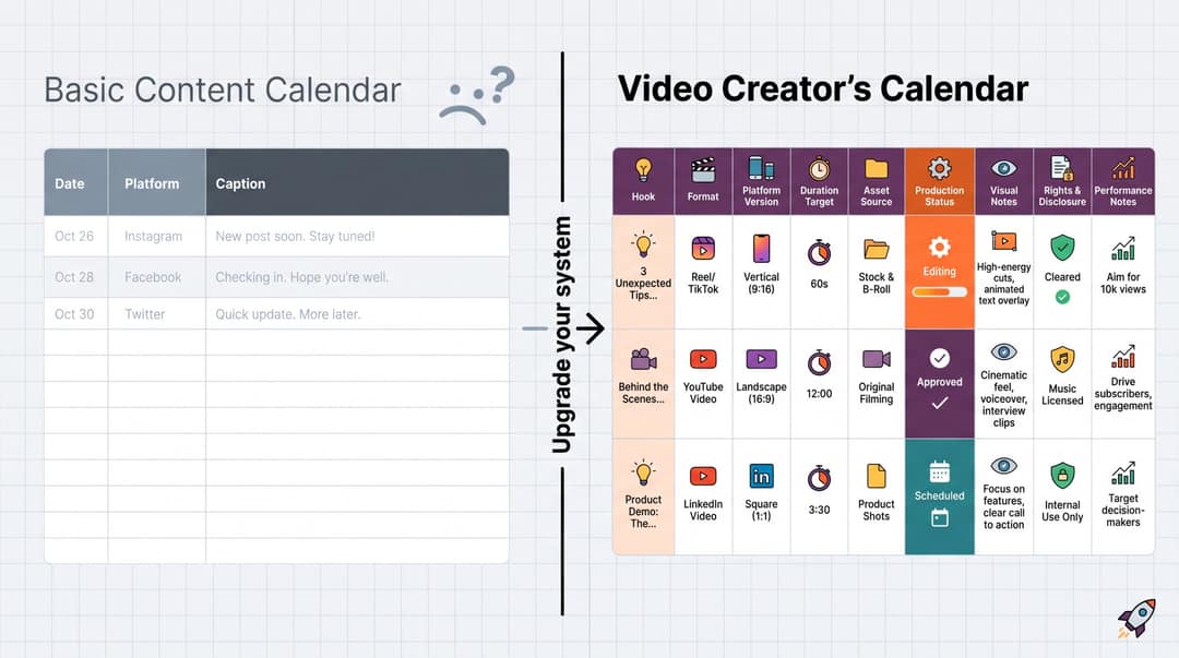 Side-by-side comparison of a basic social media calendar versus a full video production calendar with layered fields