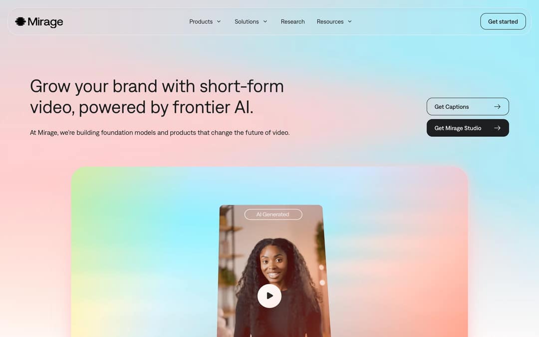 Mirage homepage with Get Captions and Get Mirage Studio buttons above an AI-generated video