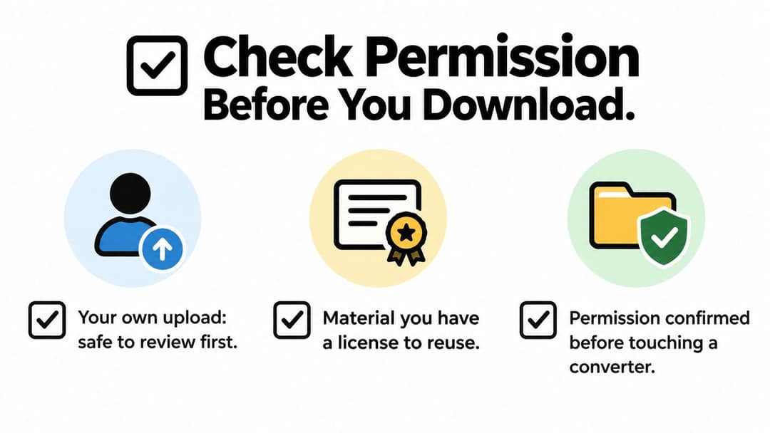 An infographic titled Check Permission Before You Download, highlighting three safety guidelines for media usage.
