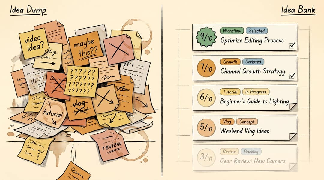 Split panel illustration: chaotic idea dump on the left versus a clean ranked idea bank with scored cards on the right