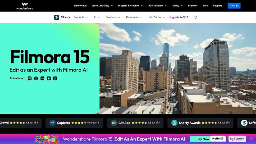 Wondershare Filmora 15 homepage with available platforms listed