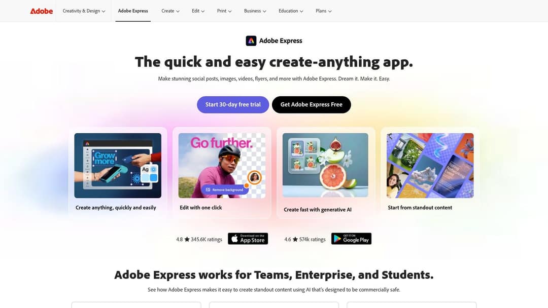 Adobe Express homepage with options to start a free trial or use the free plan