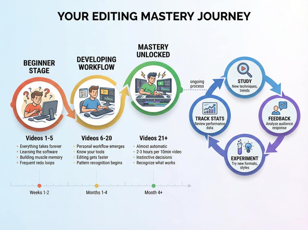Roadmap of editing progress from the first five videos through videos 6 to 20 to videos 21 and beyond
