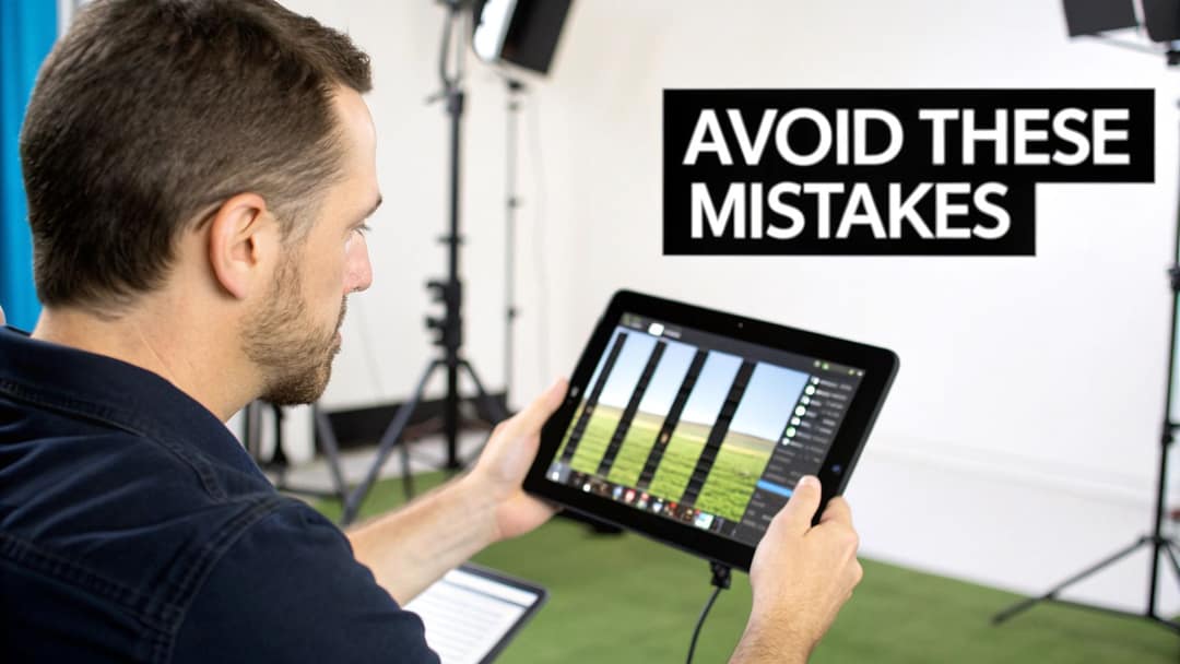 A magnifying glass hovering over a YouTube video timeline, symbolizing the process of spotting errors.