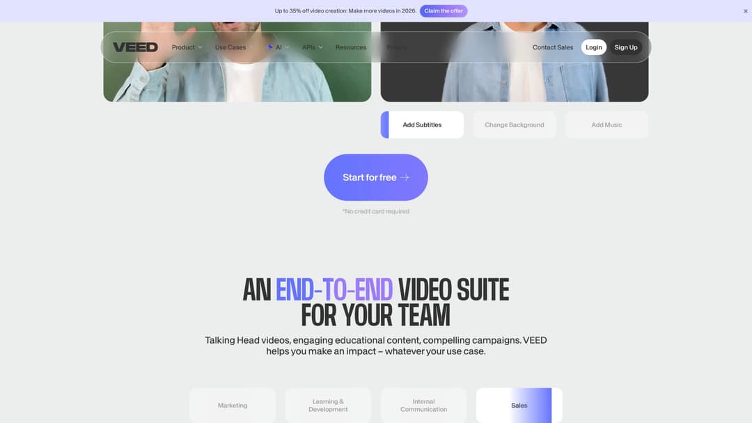 VEED page showing Add Subtitles, Change Background and Add Music options above a Start for free button