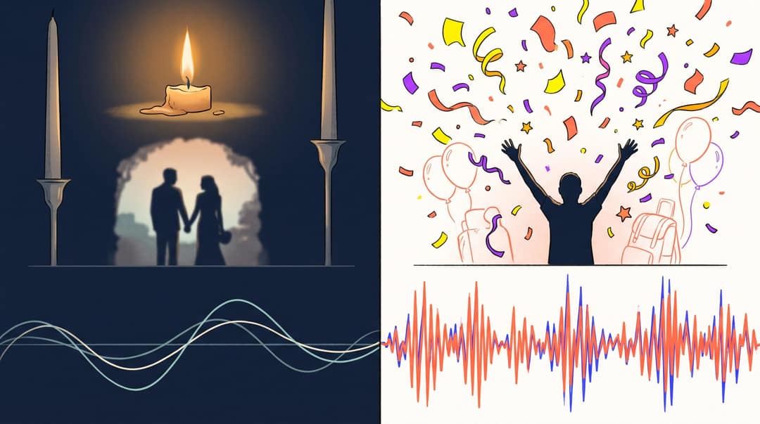 Split-panel illustration showing two contrasting video moods: a quiet memorial scene with gentle piano waves on the left, and a vibrant birthday celebration with energetic music beats on the right
