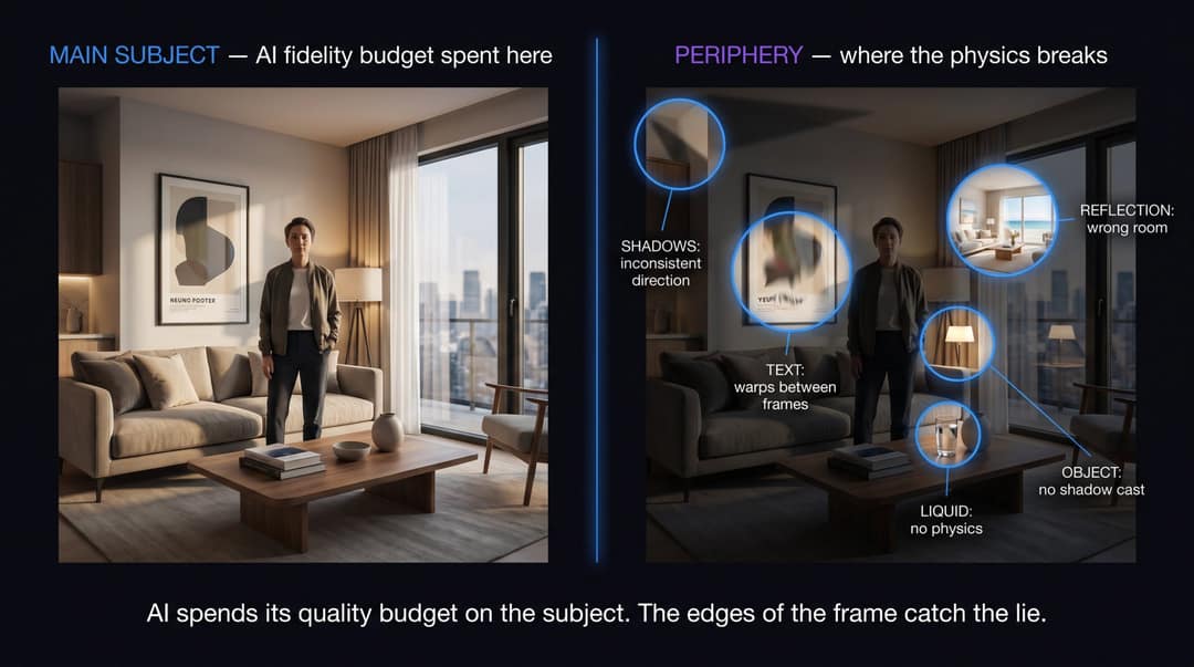 Annotated split-panel forensic analysis exposing AI video physics errors: wrong shadows, broken reflections, and corrupted background text