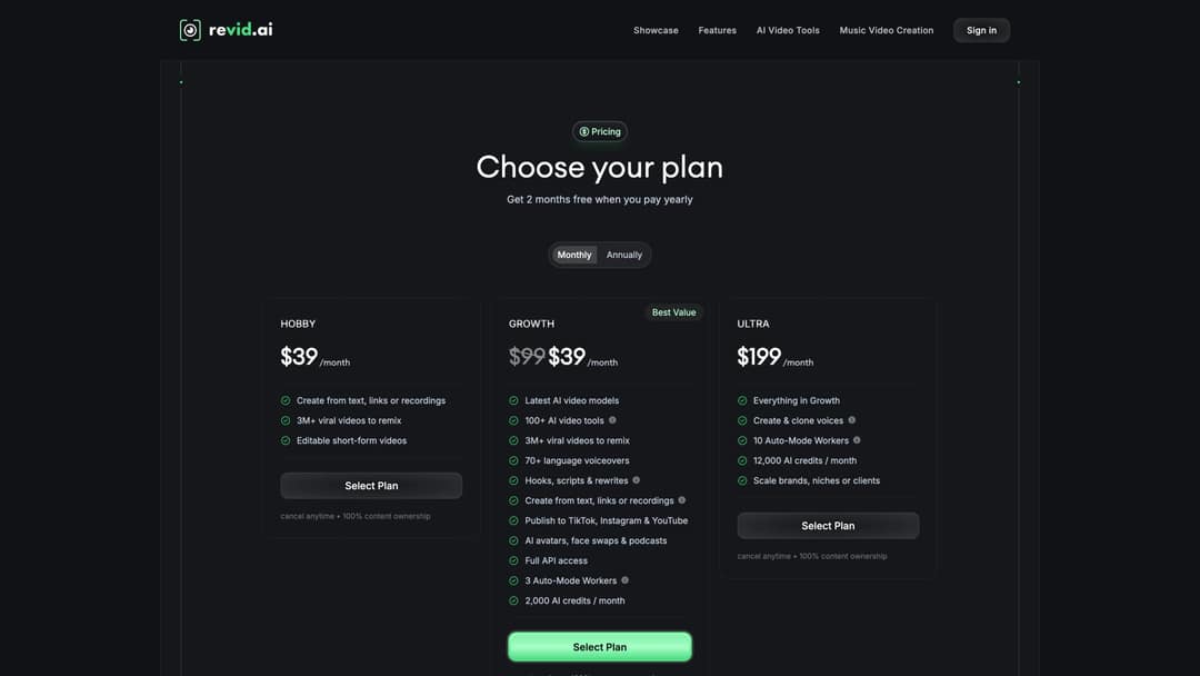 Revid.ai pricing: Hobby, Growth and Ultra plans. Growth is $39/month with 3 Auto-Mode Workers, Ultra is $199/month with 10 Auto-Mode Workers