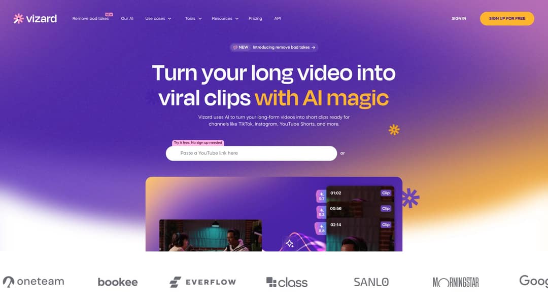 Vizard homepage with a field to paste a YouTube link and a preview of scored clips