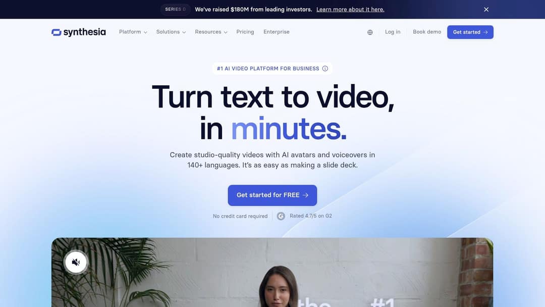 Synthesia homepage offering text to video with AI avatars and voiceovers