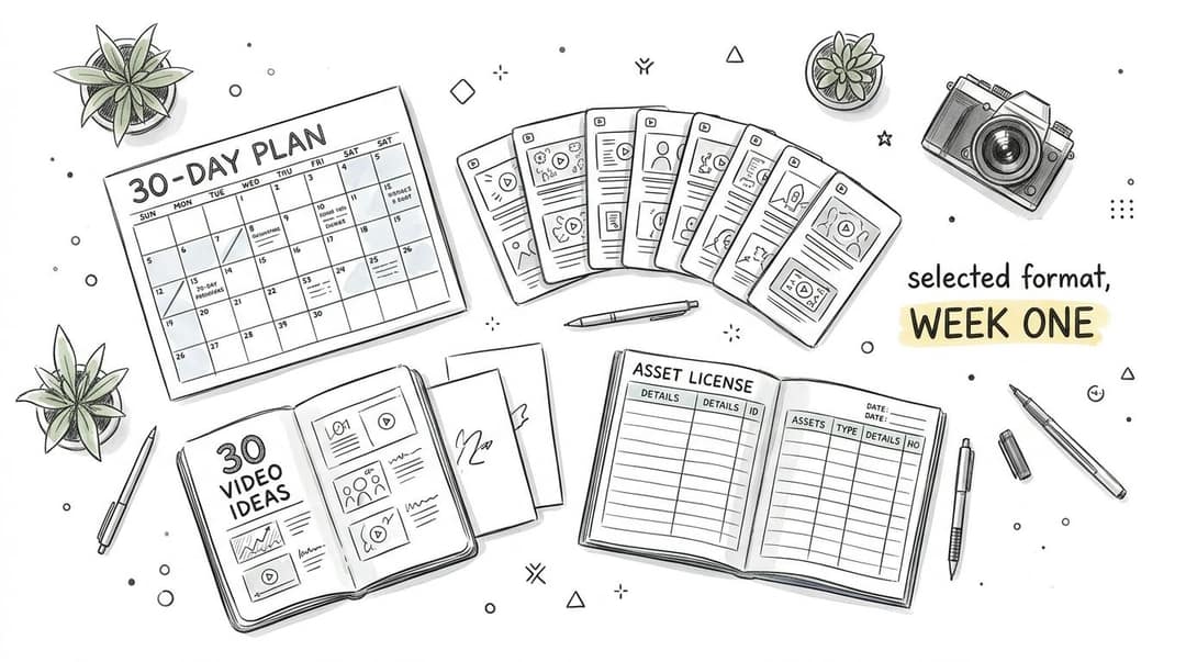 A flatlay illustration of a desk workspace featuring a 30-day planner, video idea notebook, and content planning cards.