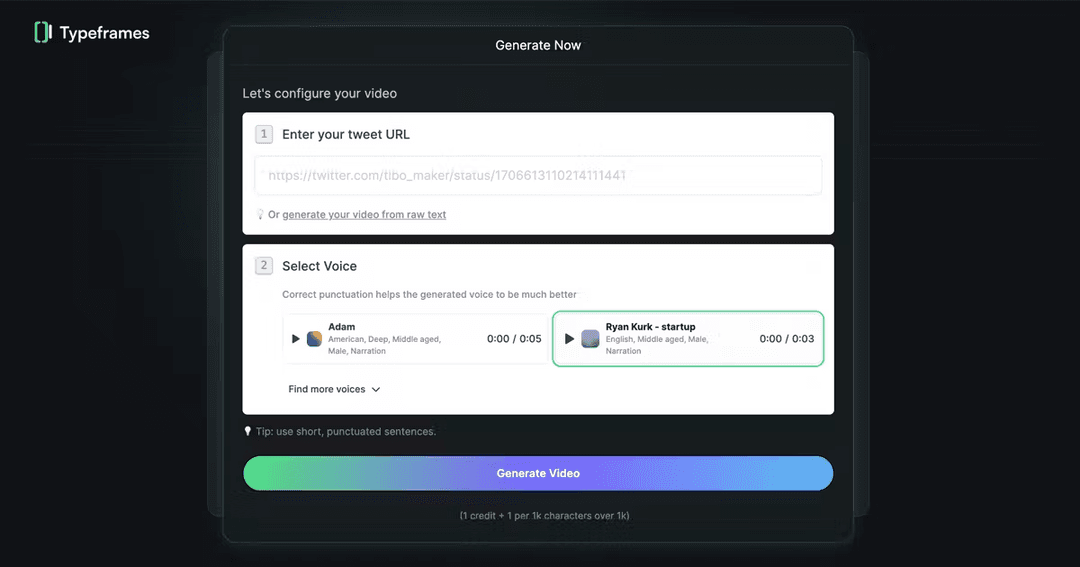 Typeframes' Tweet/X to Video tool