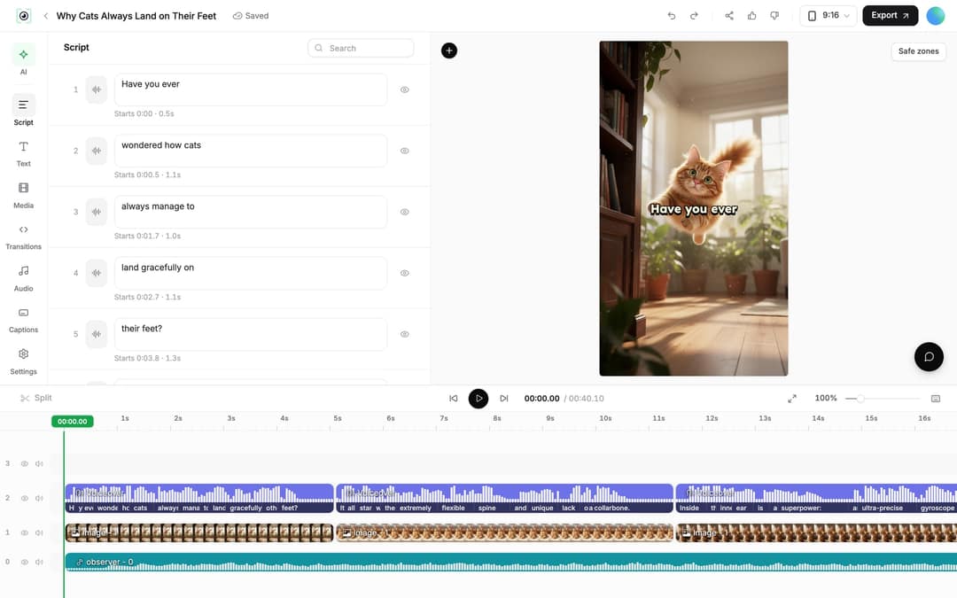 Revid editor with the Script panel listing caption segments, the vertical preview and the timeline