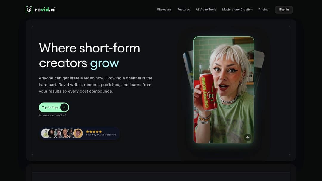 Revid homepage with the headline Where short-form creators grow and a vertical video preview