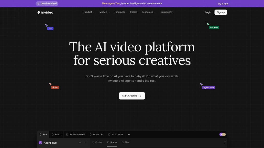 InVideo homepage presenting its AI agent for video creation