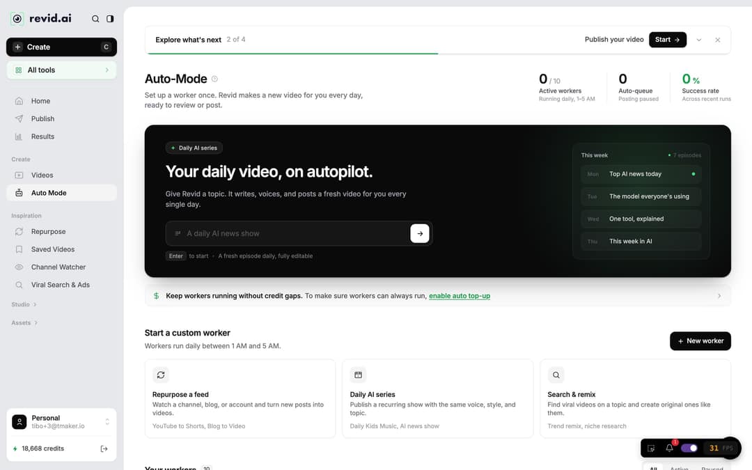 Revid Auto-Mode page with the Daily AI series box, Start a custom worker cards and the New worker button