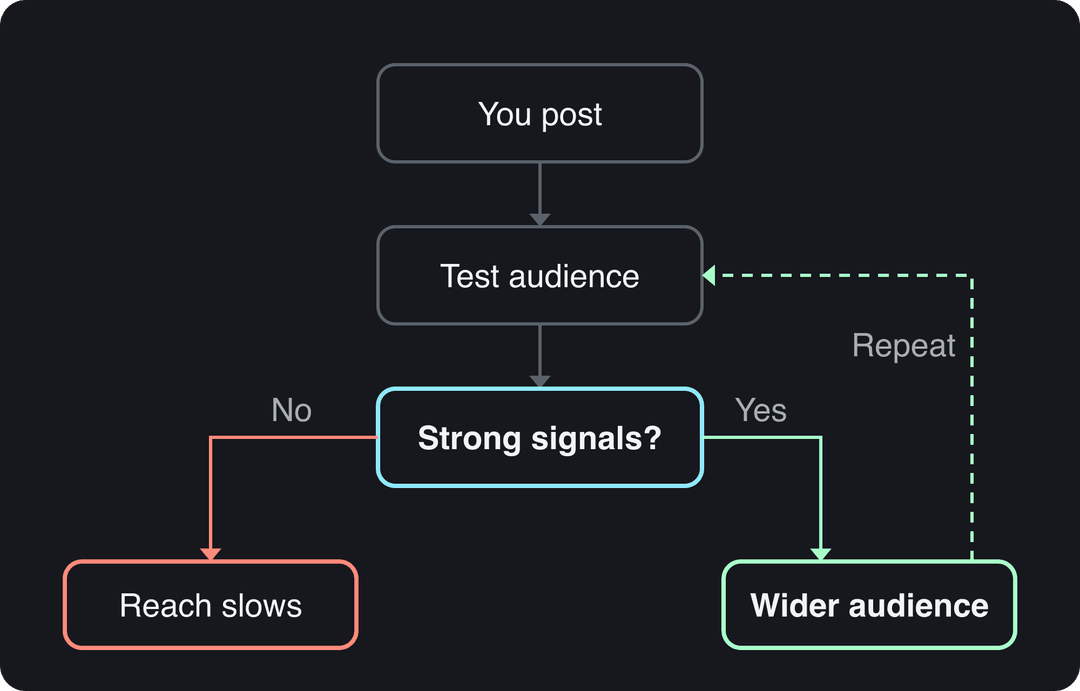 Flow diagram: you post, TikTok tests the video on a small audience, then widens reach or slows it based on signals