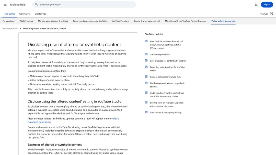 YouTube Help page showing "Disclosing use of altered or synthetic content" policy requiring creators to label AI-generated or meaningfully altered realistic video
