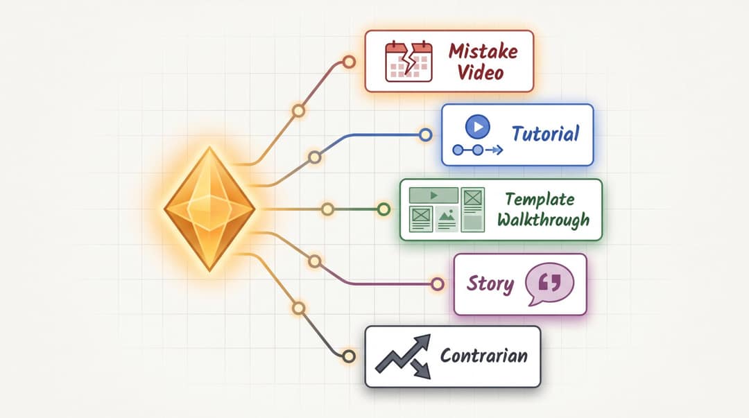 One video idea branching into five formats: mistake video, tutorial, template walkthrough, story, and contrarian take