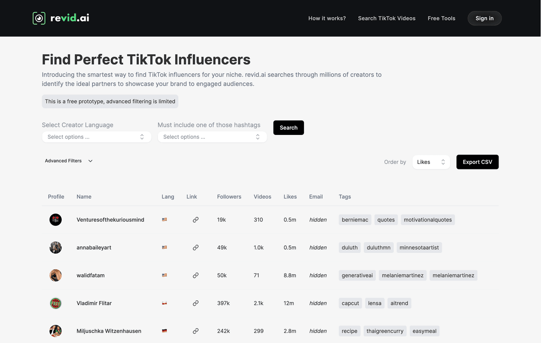⭐ Top Solution: revid.ai's TikTok Influencer Search Tool