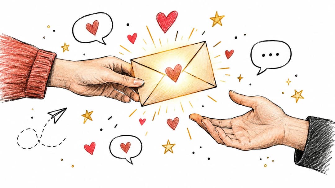 A hand in a red sleeve hands a glowing love letter to another waiting open hand.
