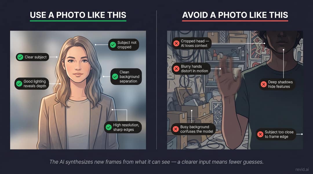 Good source photo with a sharp, well-lit subject next to a cluttered, shadowed photo to avoid